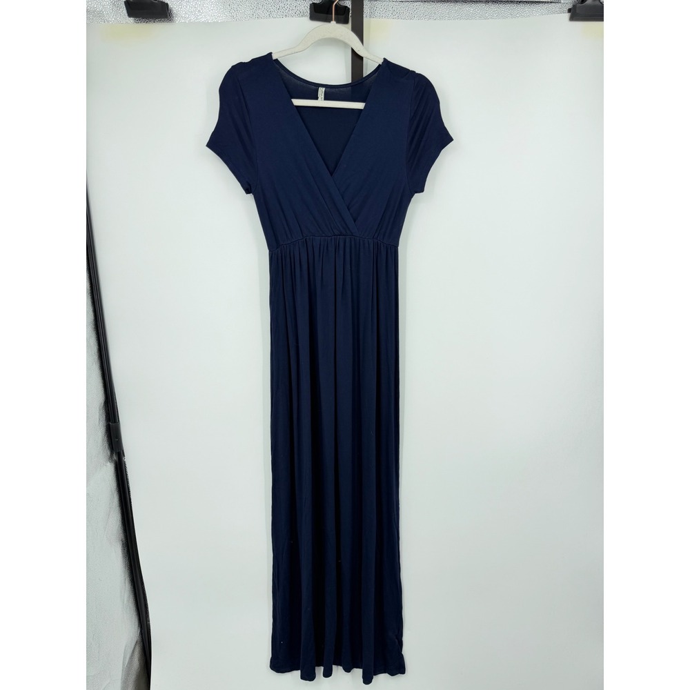 Mother Bee Maternity Maxi Dress Women Medium Navy Blue V-Neck Short Sleeve Gown